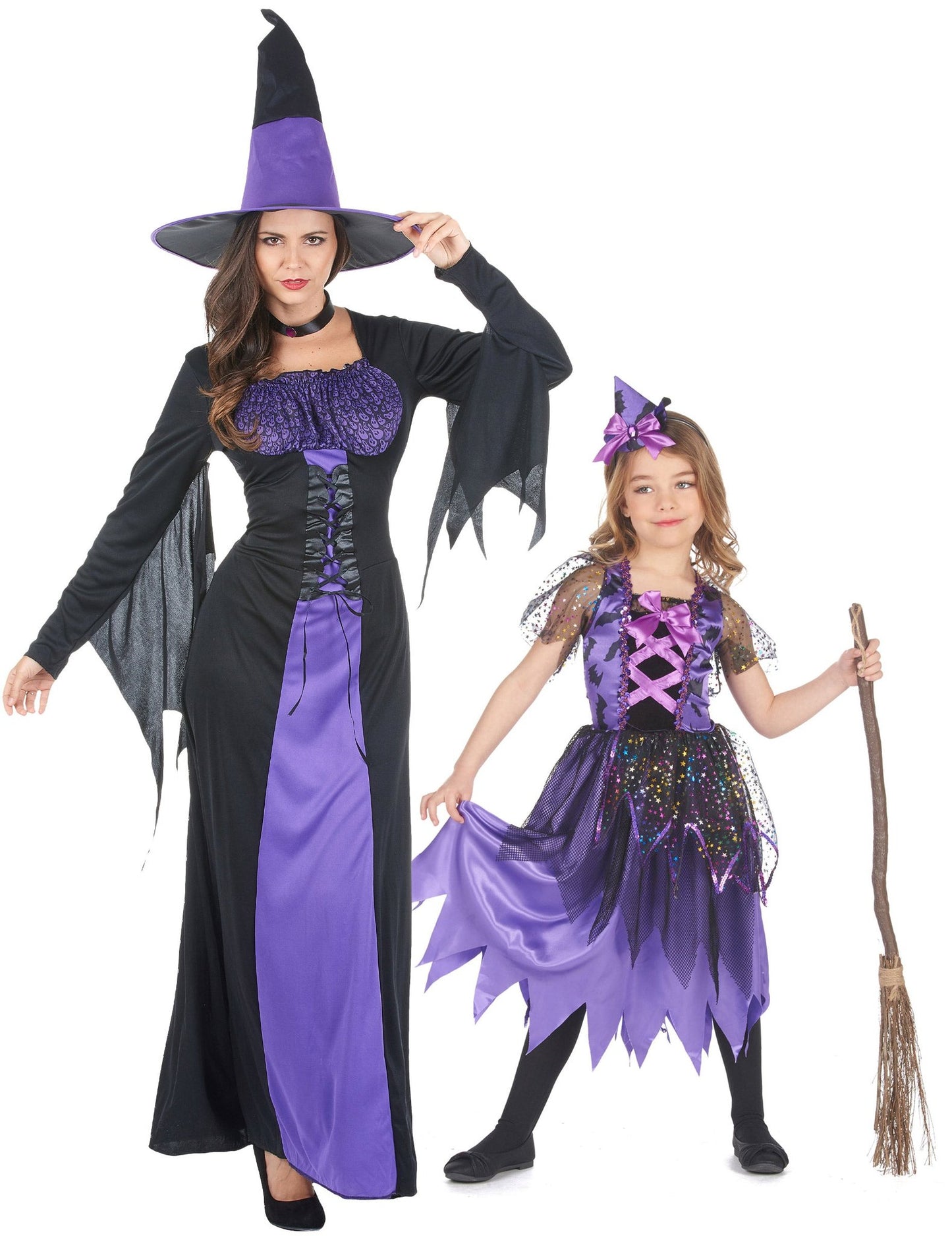 Párový kostým fialových čarodejníc mama a dcéra na Halloween