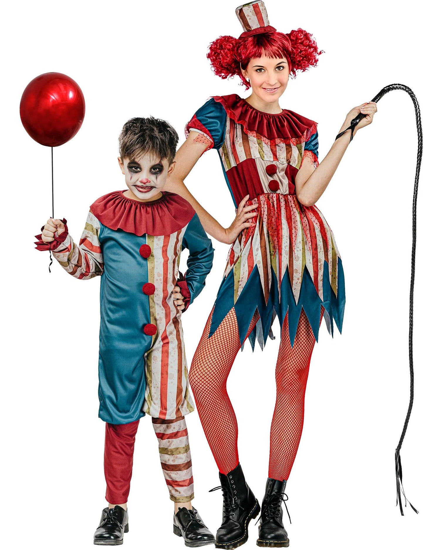 Farebné kostýmy klauna pre pár – matka a syn na Halloween