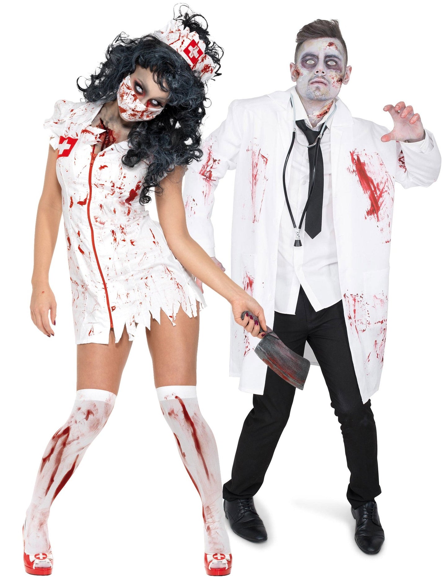 Pár kostým zombie lekára a zdravotnej sestry na Halloween pre dospelých