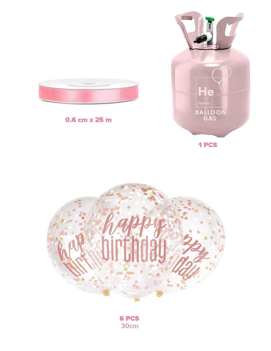 Súprava héliovej fľaše so 6 balónmi s konfety Happy Birthday a stuhou