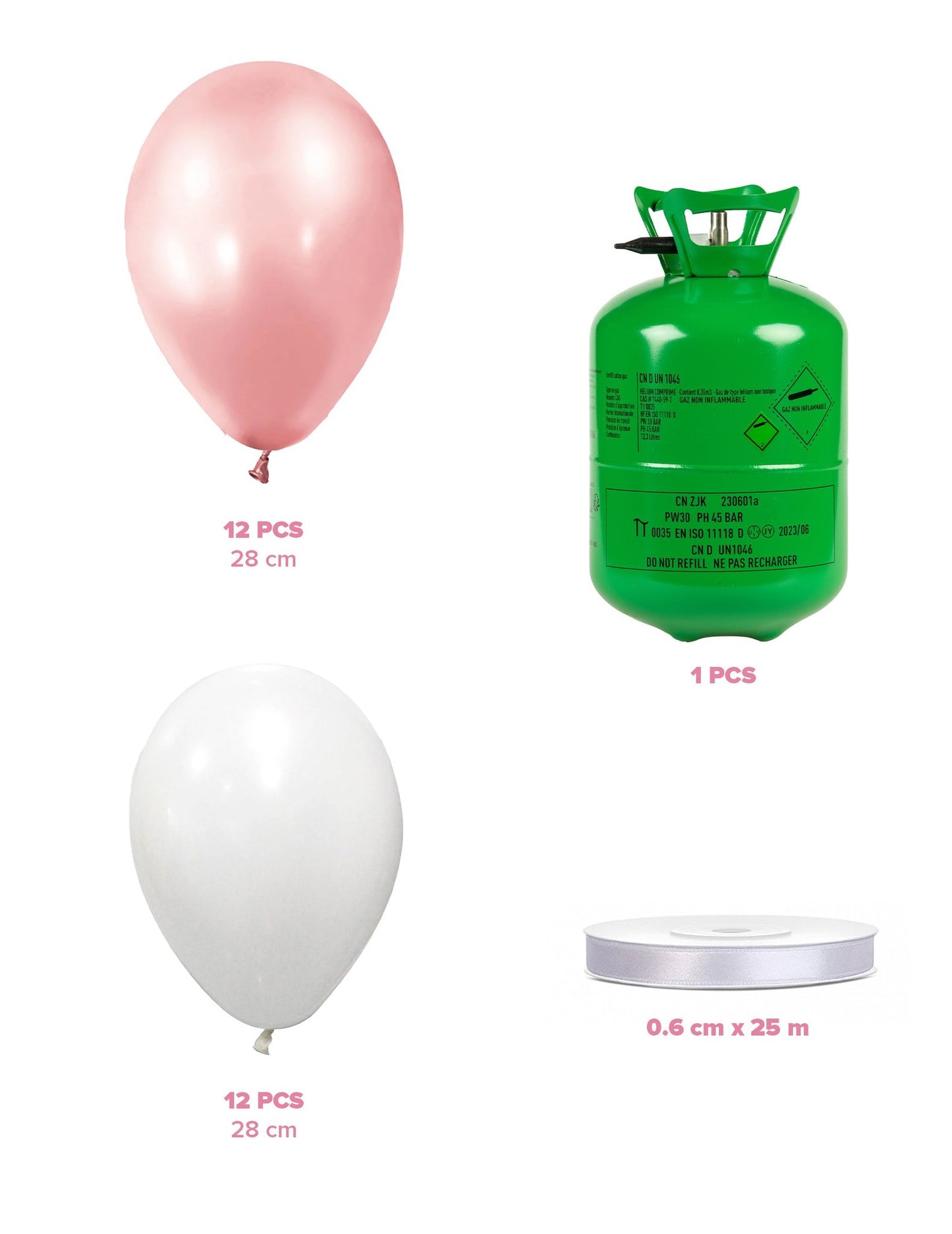 Súprava na heliovú fľašu s 12 balónmi ružovo-zlatej farby, 12 bielymi balónmi a stuhou