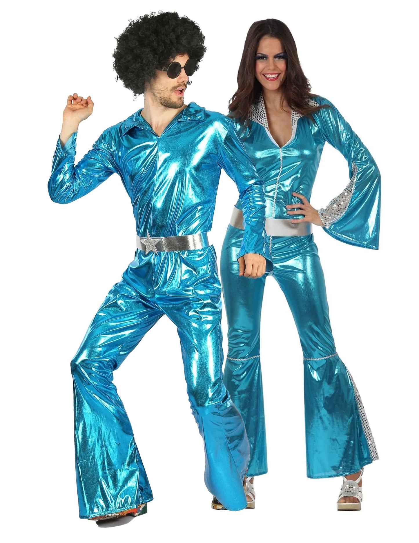 Lesklý modrý disco kostým pre pár pre dospelých