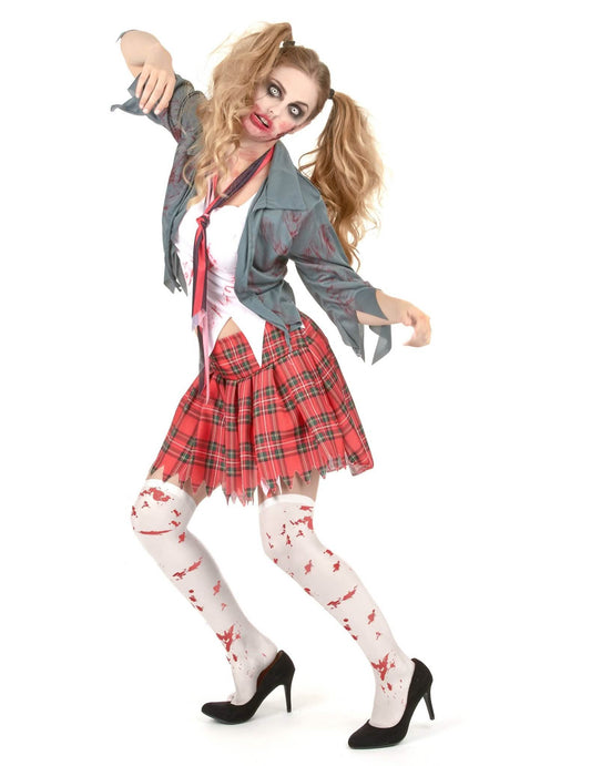 Balíček kostýmu zombie školáčky s falošnou krvou a pančuchami na Halloween
