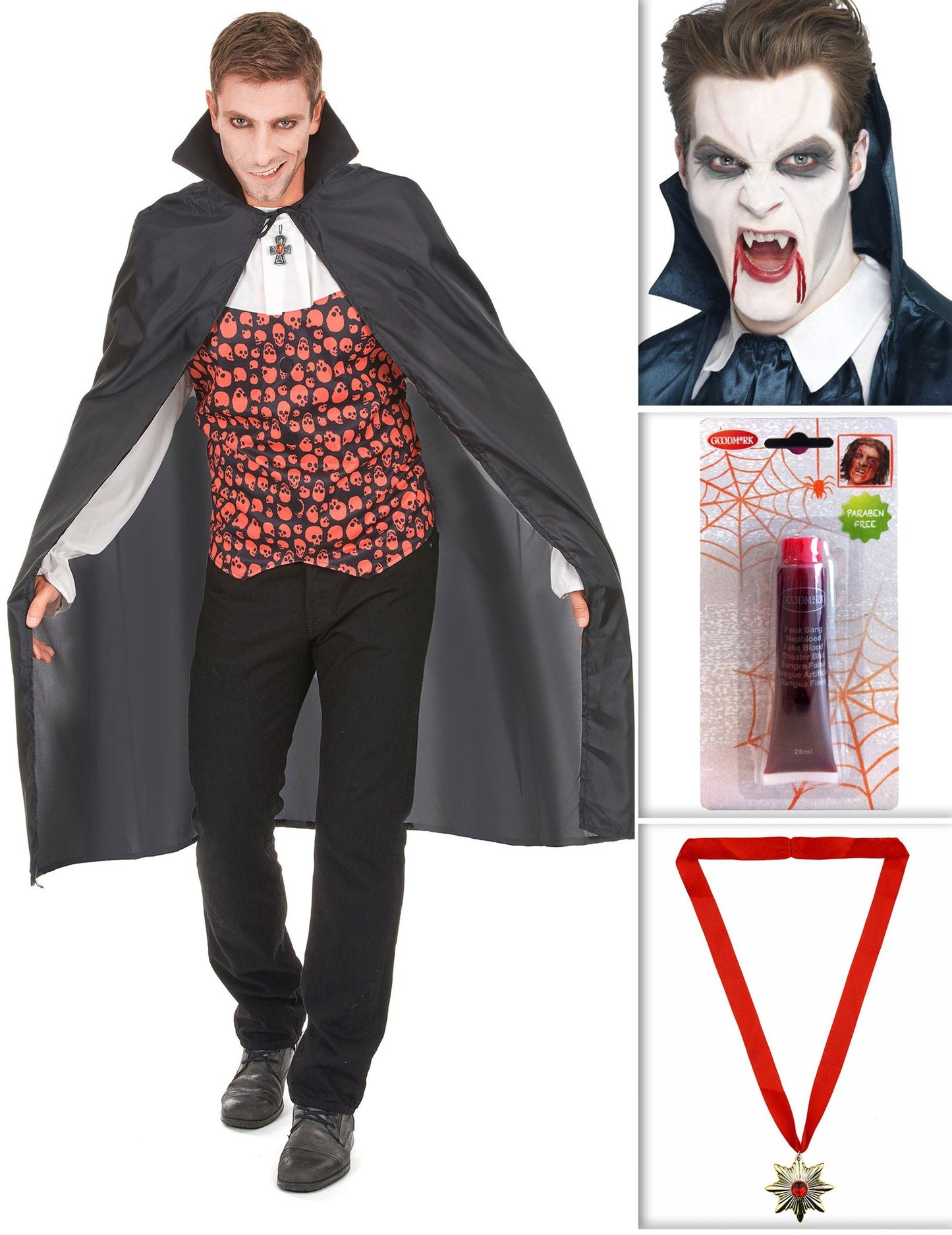Sada upíra s plášťom, zubami, falošnou krvou a medailónom na Halloween