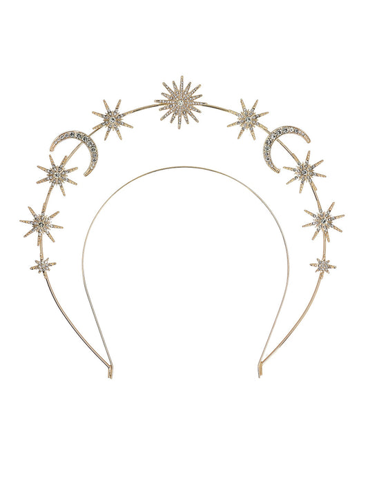 Détail des lunes et étoiles de la tiare métallique soleil, lunes et étoiles