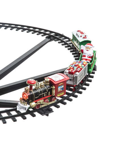 Vue sur les rails et les wagons du train de noël pour sapin 23 pièces lumineux et animé