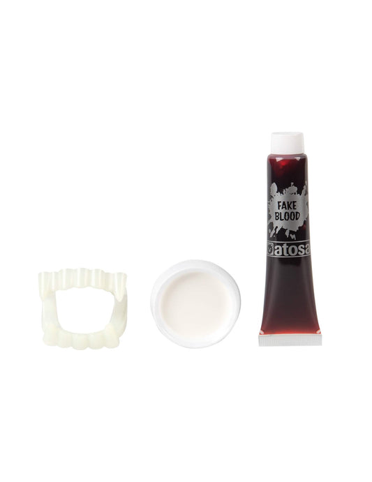 Vue des accessoires du tube de sang avec dentier Halloween