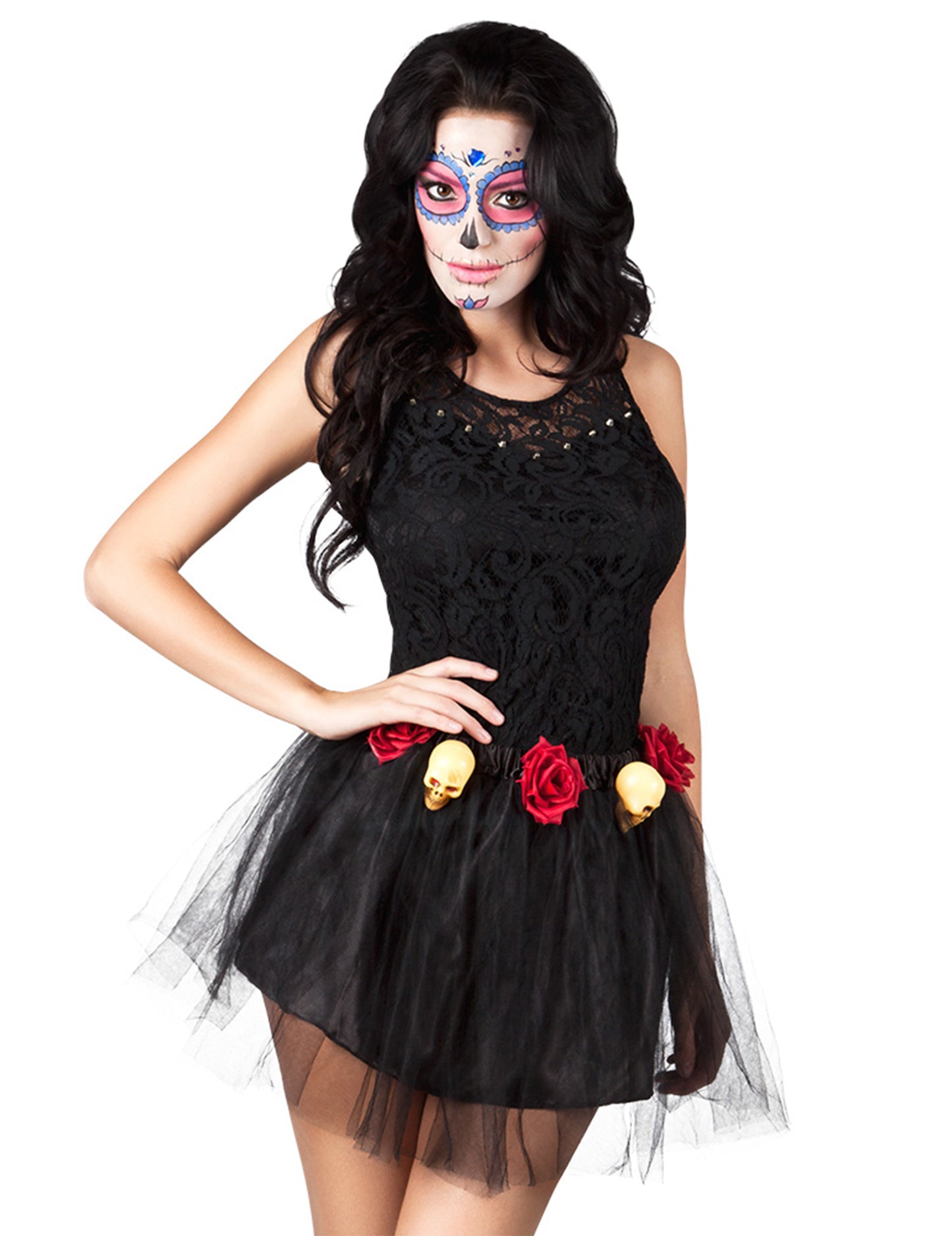 Čierna kostra tutu a ružová žena Dia de los Muertos