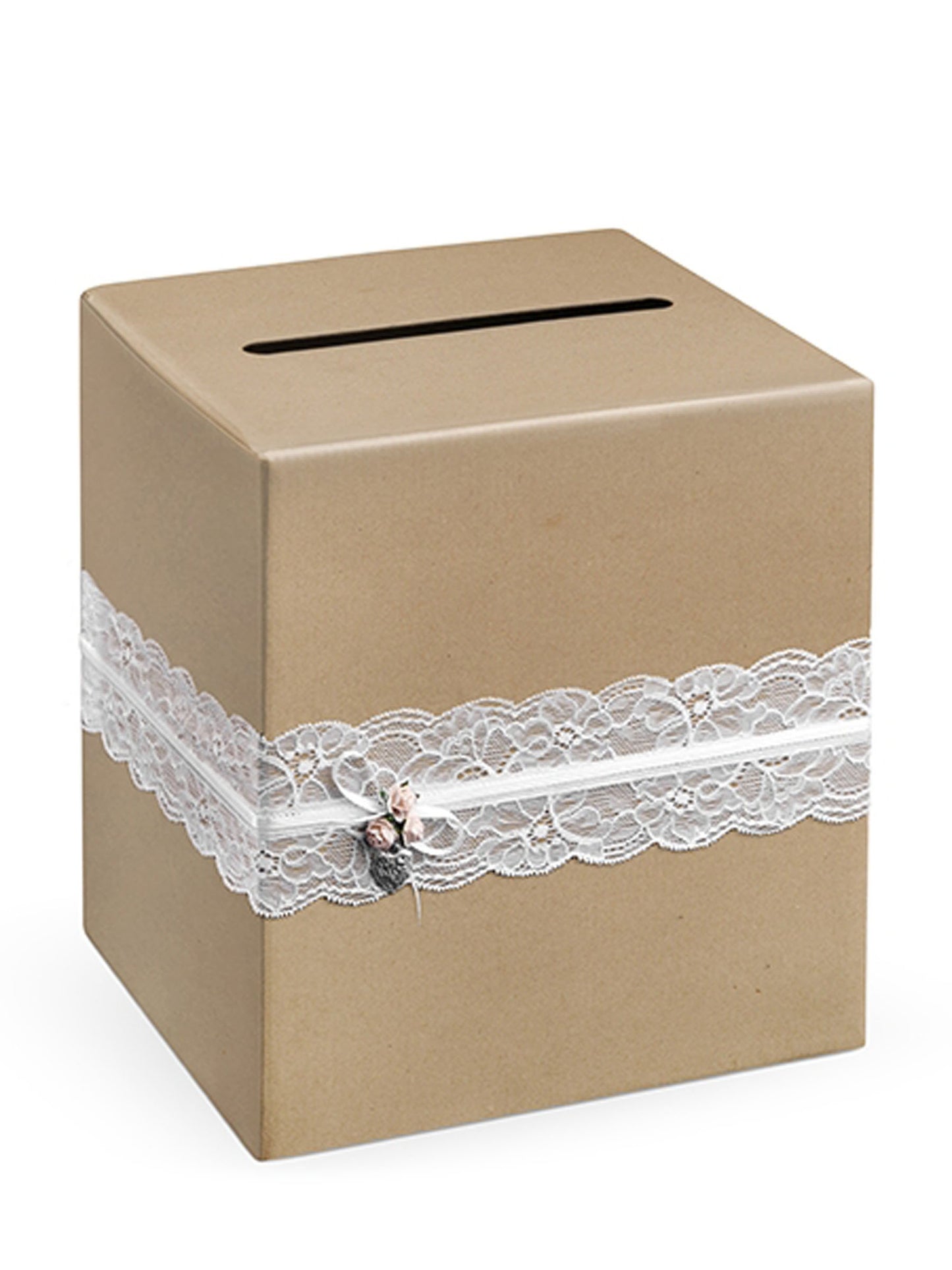 Volebná urna z kraftového papiera s bielou čipkou, 24 x 24 x 24 cm svadba na vidieku