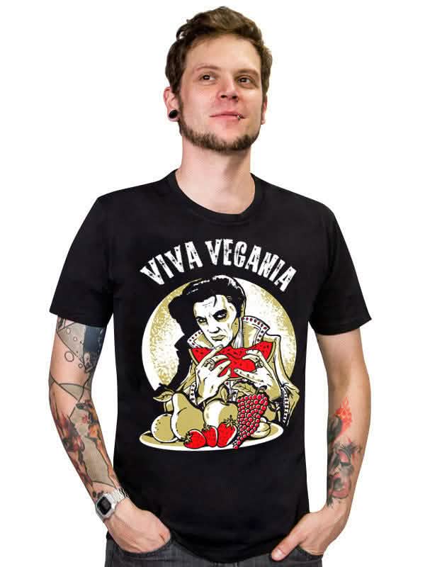 tričká vegan Viva Vegania pre muž čierna s motívom paródie Elvisa a ovocie