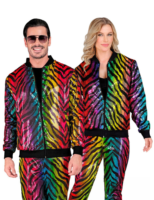 Vue de face du modèle homme et femme de la veste à sequins tigrée pour adulte