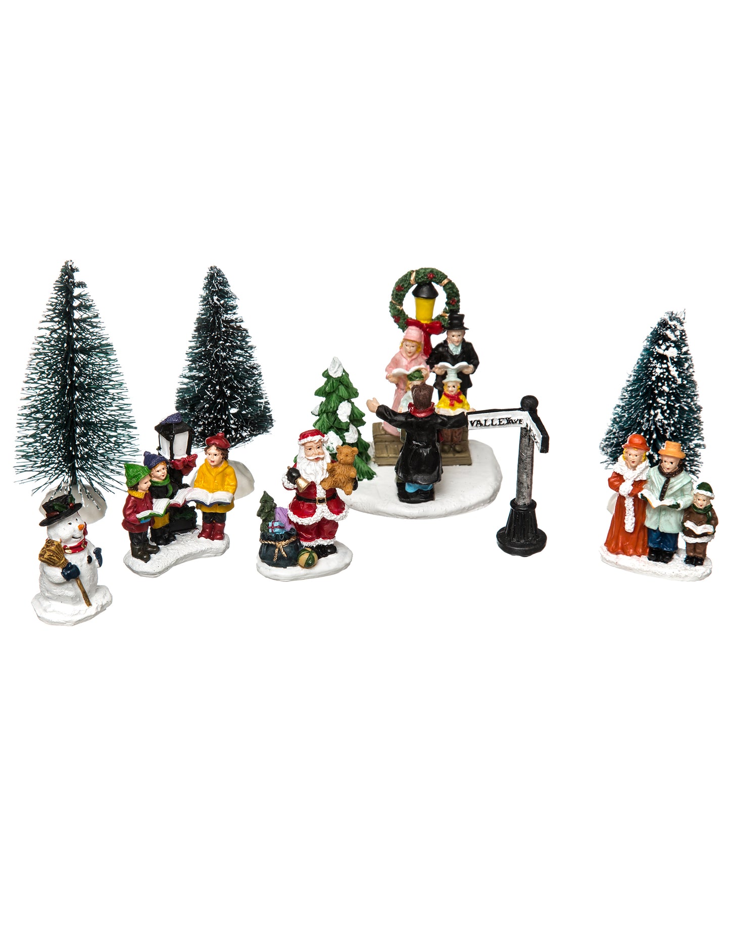 Santons de village de noël chorale du père noël pour décoration multicolore avec sapins et bonhomme de neige