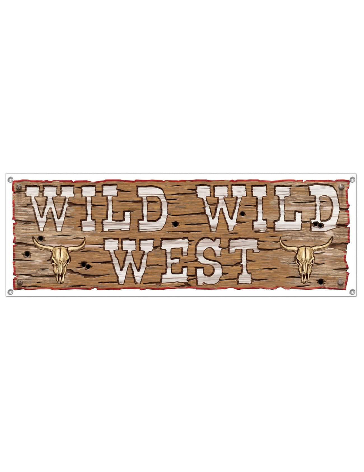 Plastový banner Wild Wild West na párty s motívom dreva a byvolích lebiek