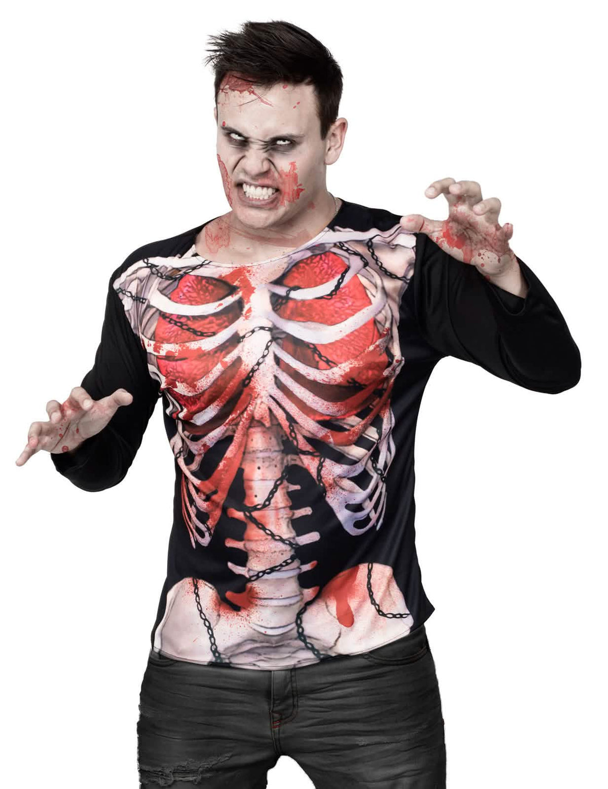 tričká zombie kostra halloween pre muž čierna s potlačou zakrvavenej hrudnej klietky