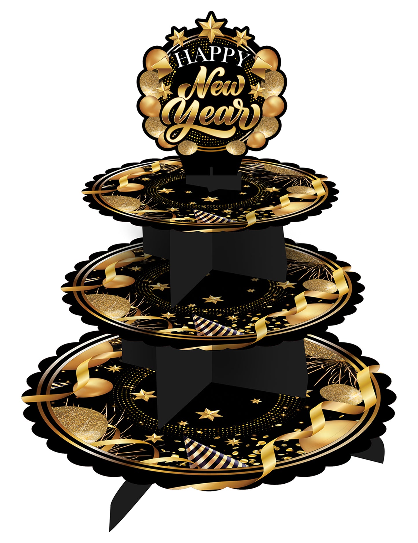 Poschodový stojan na tortu s nápisom Šťastný Nový rok, čierno-zlatý, 40 x 30 cm