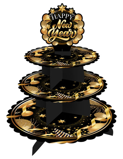 Poschodový stojan na tortu s nápisom Šťastný Nový rok, čierno-zlatý, 40 x 30 cm