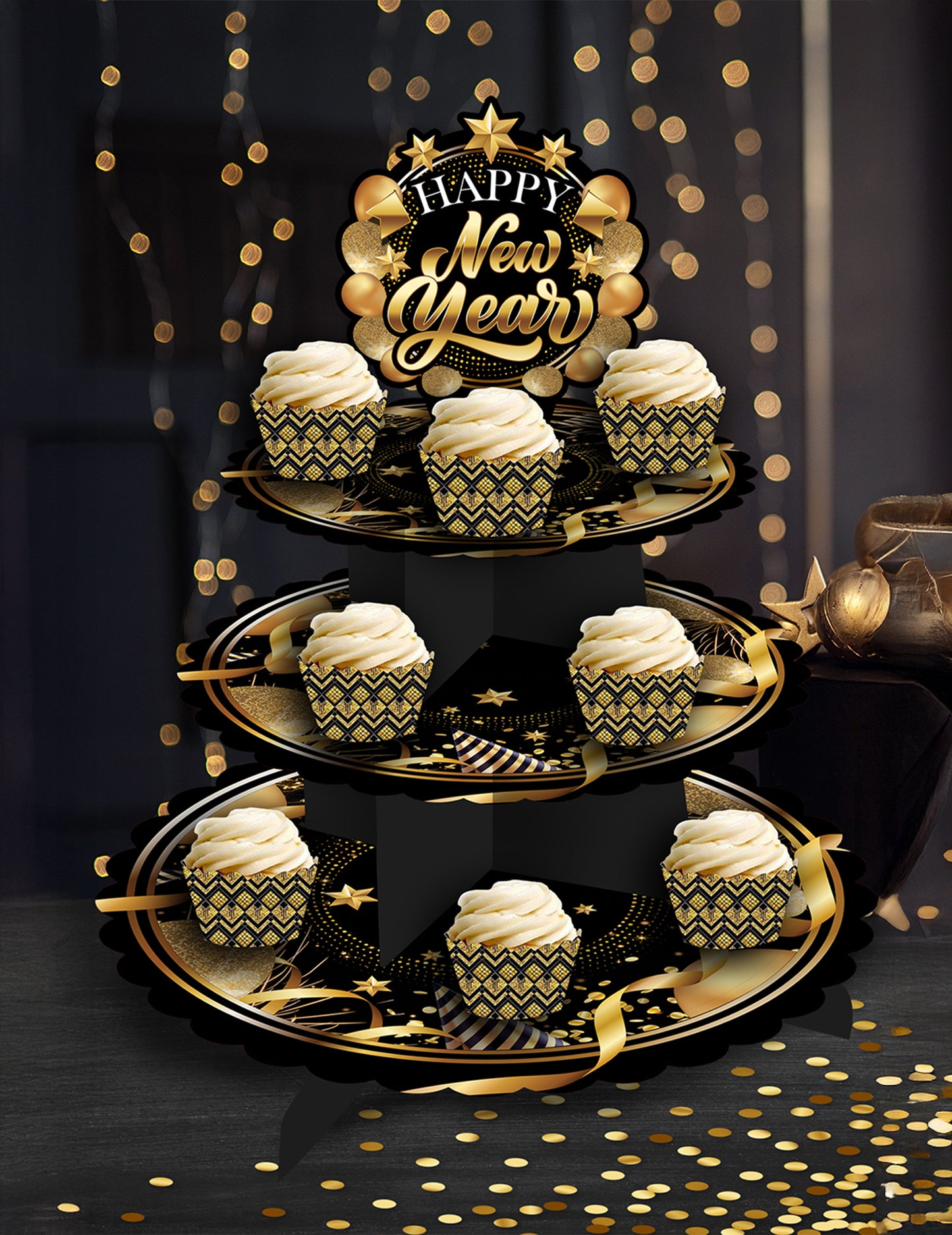 Poschodový stojan na tortu s nápisom Šťastný Nový rok, čierno-zlatý, 40 x 30 cm
