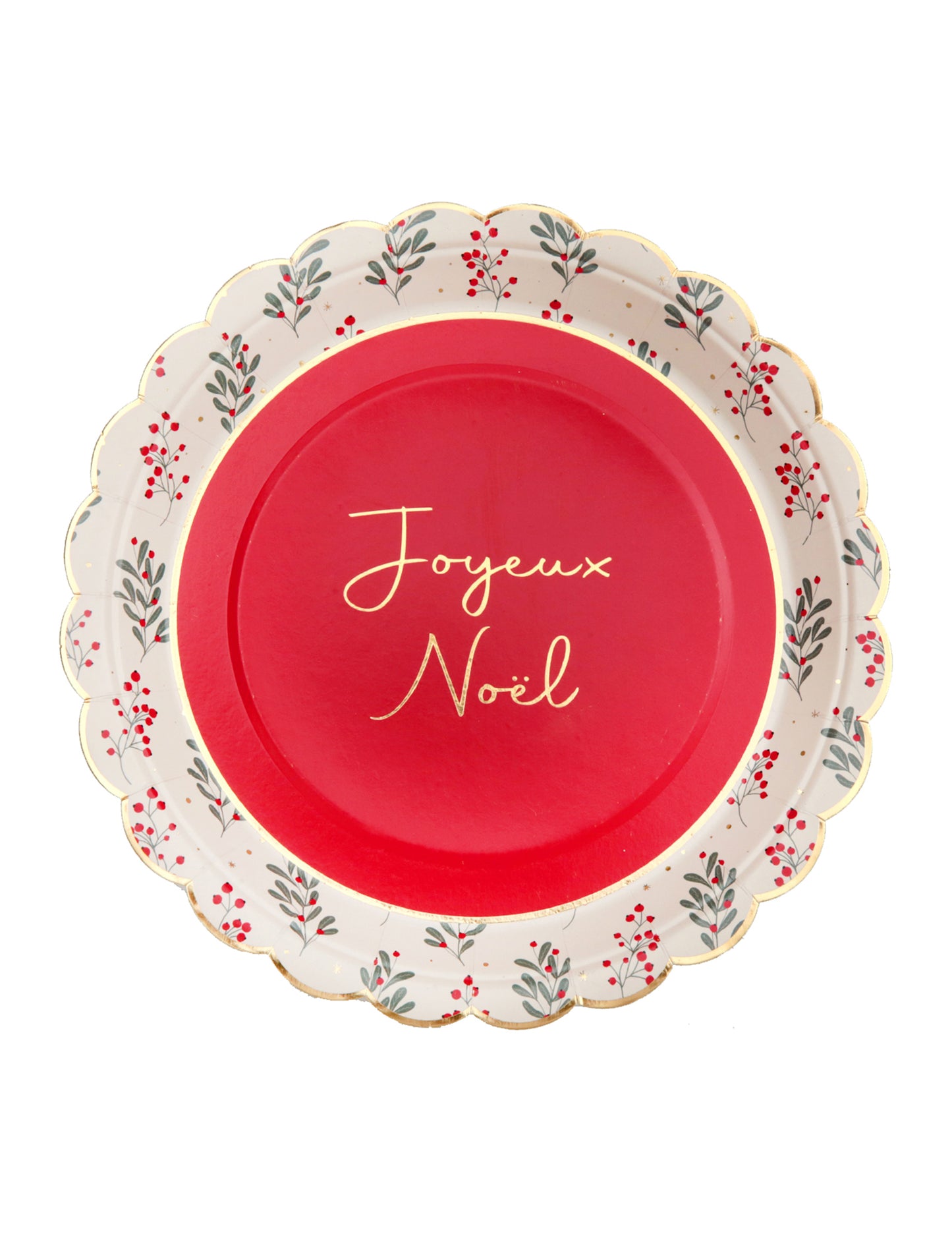 10 vianočných papierových tanierov s cezmínou a vrúbkovaným vzorom 23 cm Veselé Vianoce