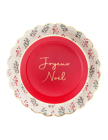 10 vianočných papierových tanierov s cezmínou a vrúbkovaným vzorom 23 cm Veselé Vianoce