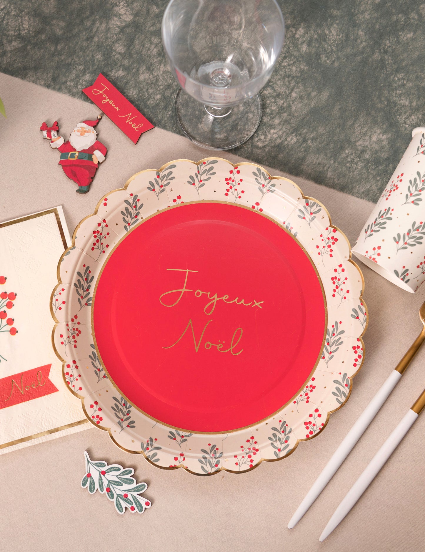 10 vianočných papierových tanierov s cezmínou a vrúbkovaným vzorom 23 cm Veselé Vianoce