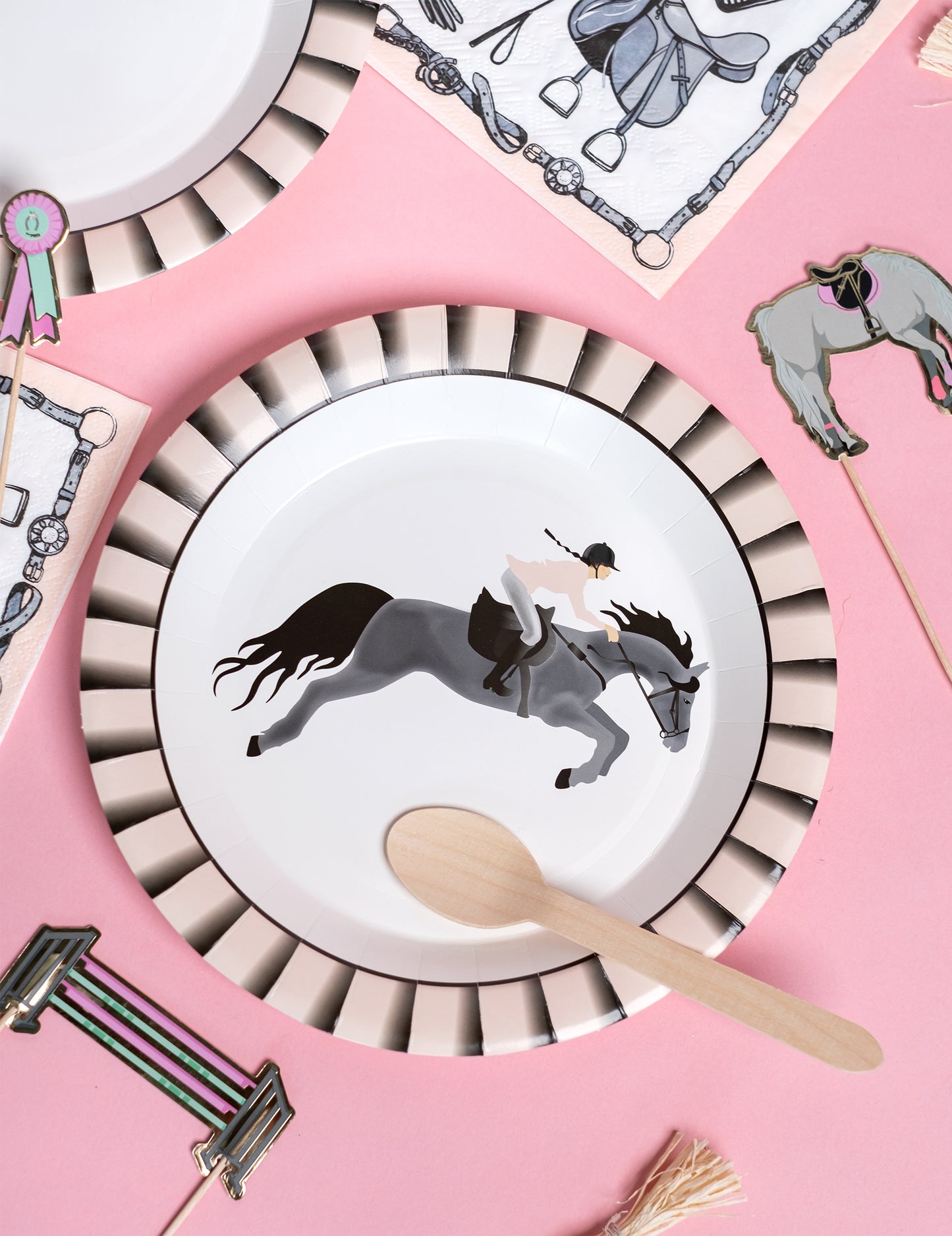 10 kartónových tanierov s jazdeckou tematikou 22,5 cm ružový kôň