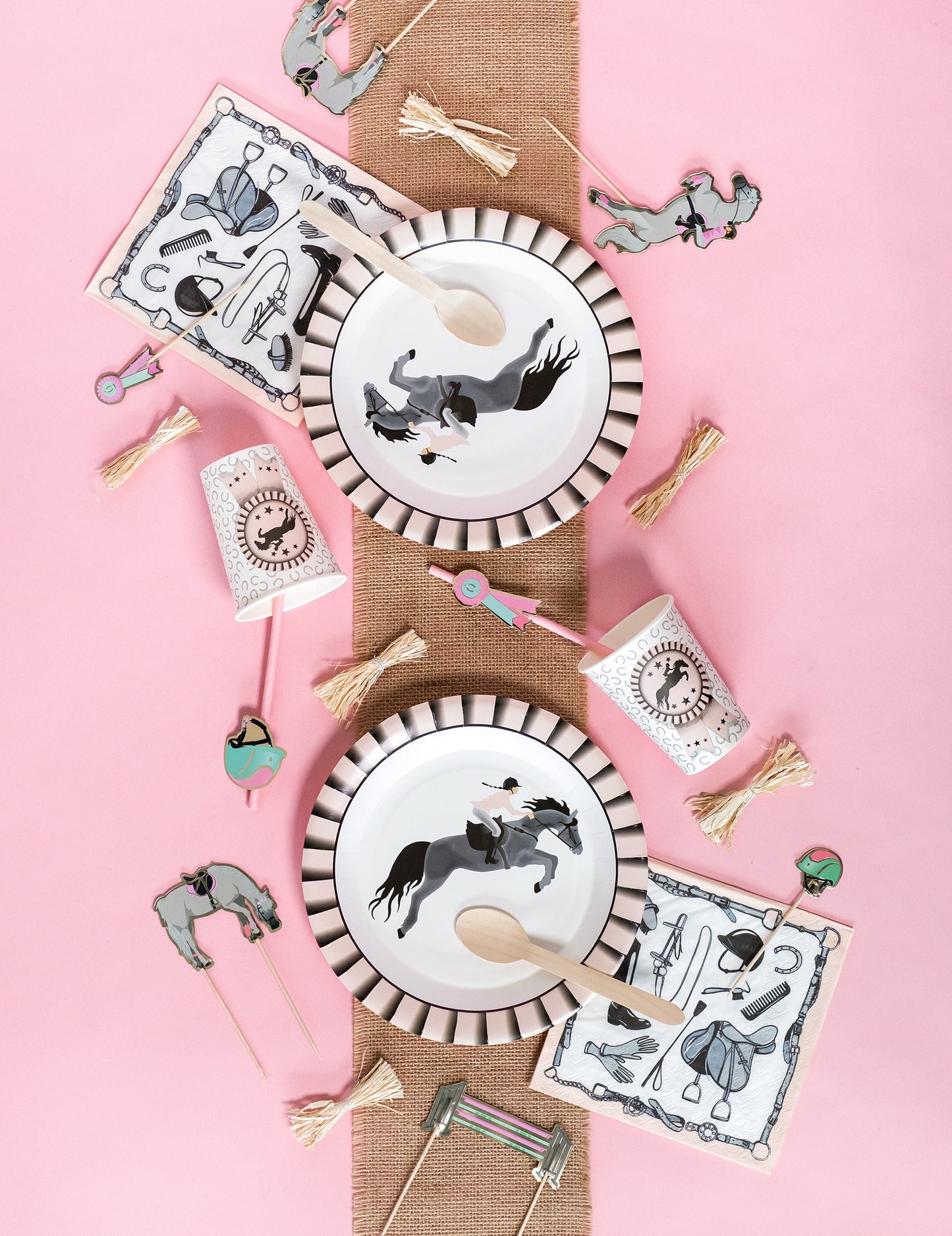 10 kartónových tanierov s jazdeckou tematikou 22,5 cm ružový kôň