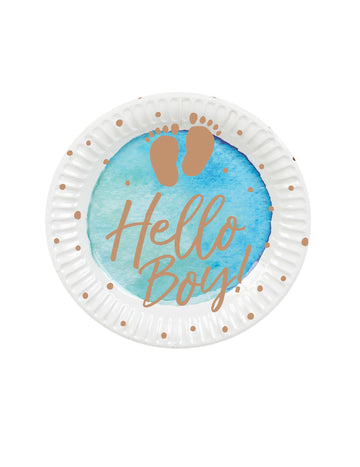 10 modrých a zlatých kartónových tanierov Hello Boy 23 cm detská oslava