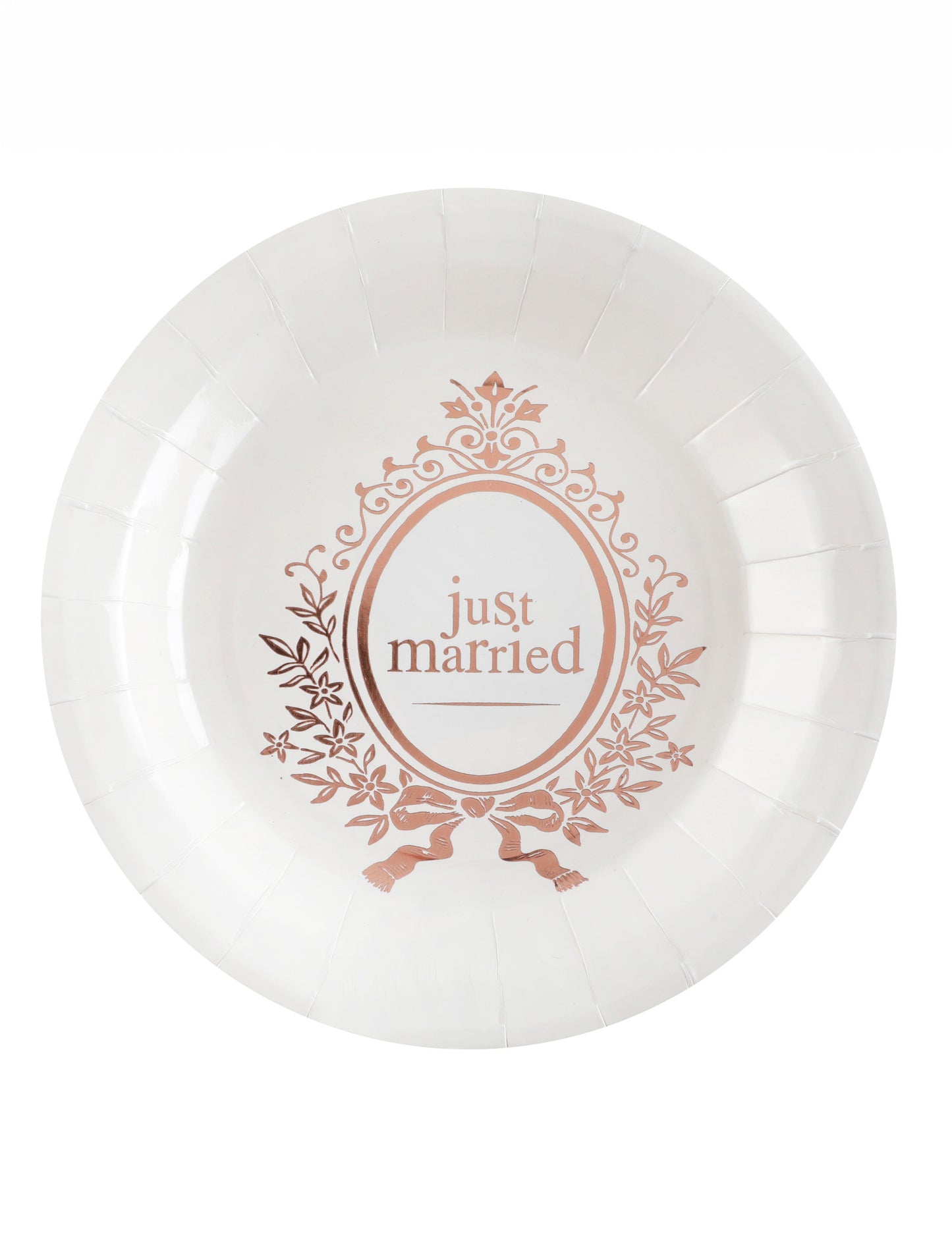 10 bielych a ružovo-zlatých kartónových tanierov s nápisom „Just Married“ 23 cm pre elegantnú svadbu