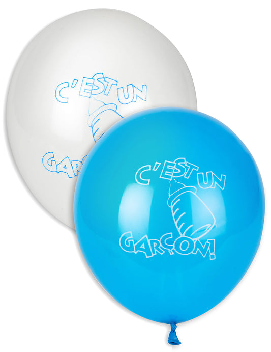 Ballons C'est un garçon ! bleus et blancs avec motif biberon
