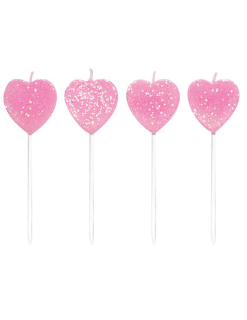 10 sviečok na špajliach ružové srdcia 7 cm s trblietkami 