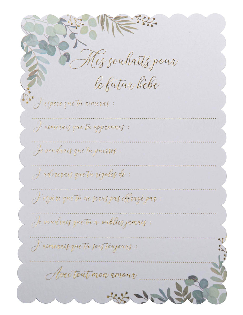 Cartes de souhaits Oh Baby pour baby shower avec motifs eucalyptus et texte doré