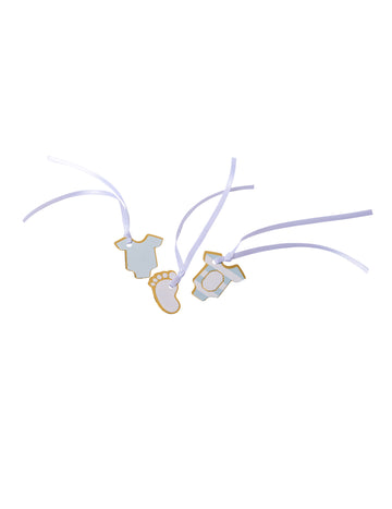 10 malých štítkov na poklady, modrých a zlatých pruhov, 3 x 1,7 cm na detskú oslavu