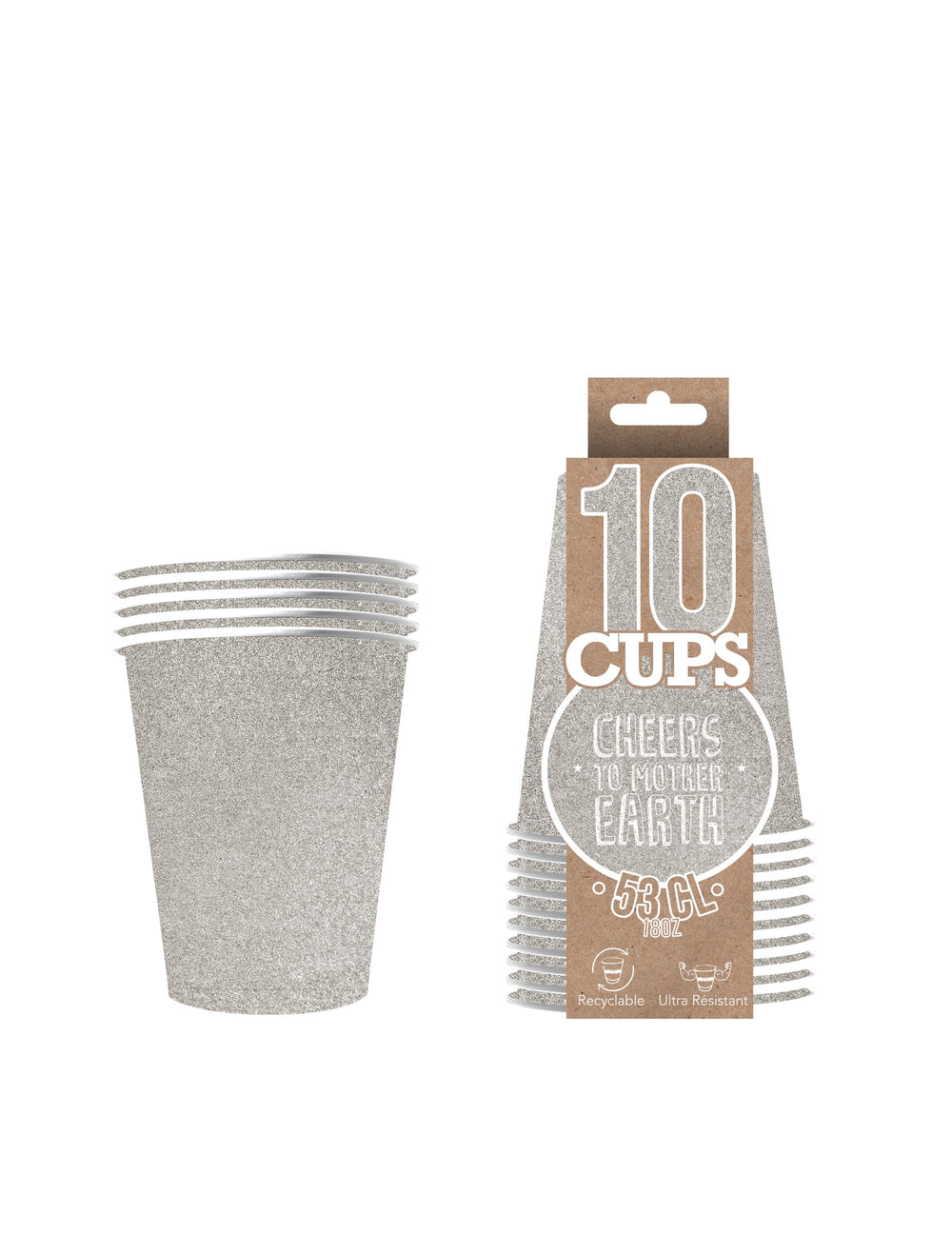 Vue de l'emballage des gobelets américains scintillants pour fête argent en carton recyclable