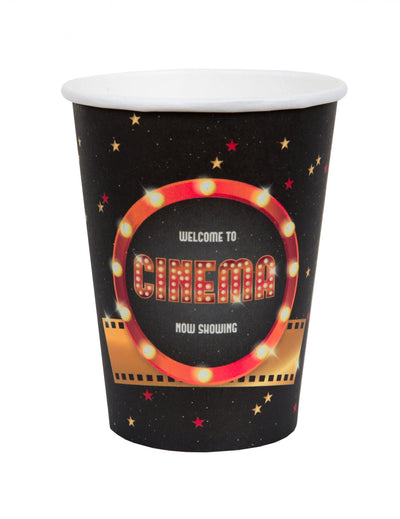 Gobelets en carton Hollywood pour fête noirs avec motif cinéma et étoiles dorées