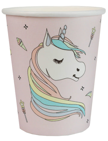 Pastelovo ružové papierové poháriky s jednorožcom pre deti