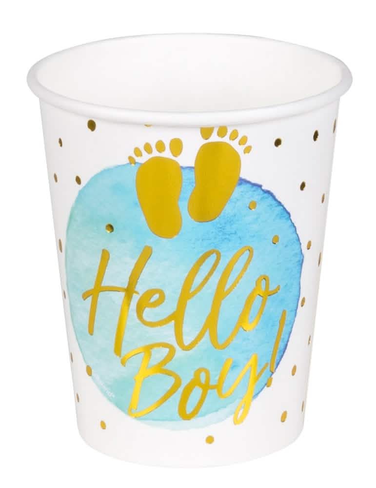 Papierové poháre Hello Boy na baby shower modrá a zlatá s zlatými bodkami