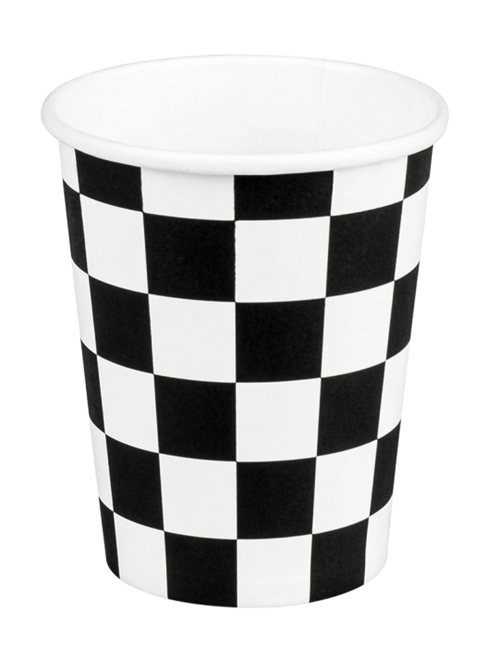 Gobelets en carton racing pour fête noir et blanc à motif damier