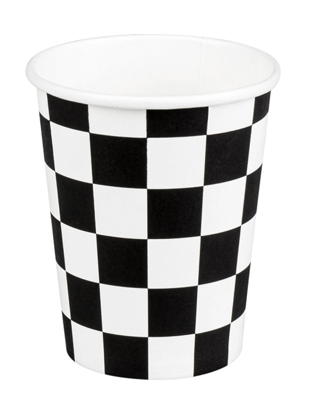 Gobelets en carton racing pour fête noir et blanc à motif damier