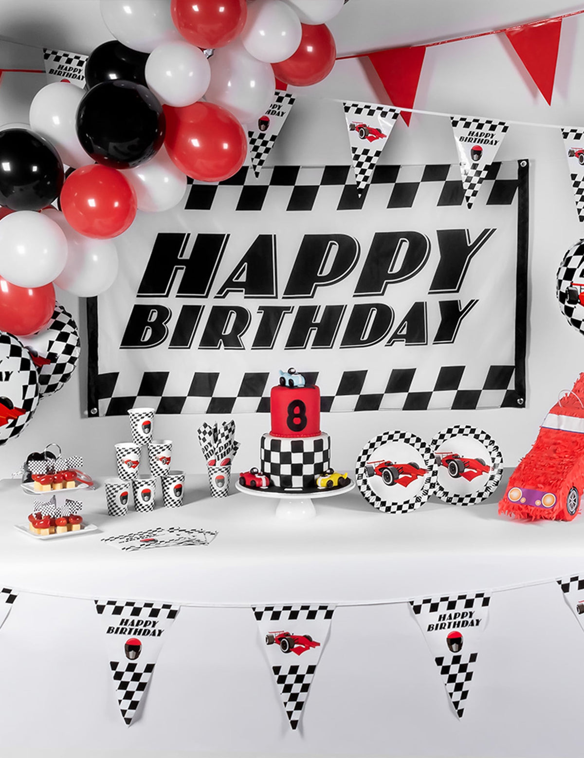 Gobelets en carton damier pour enfant blanc et noir avec voiture de course rouge