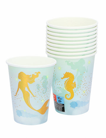 10 modro-zlatých kartónových pohárov s motívom morskej panny, 210 ml