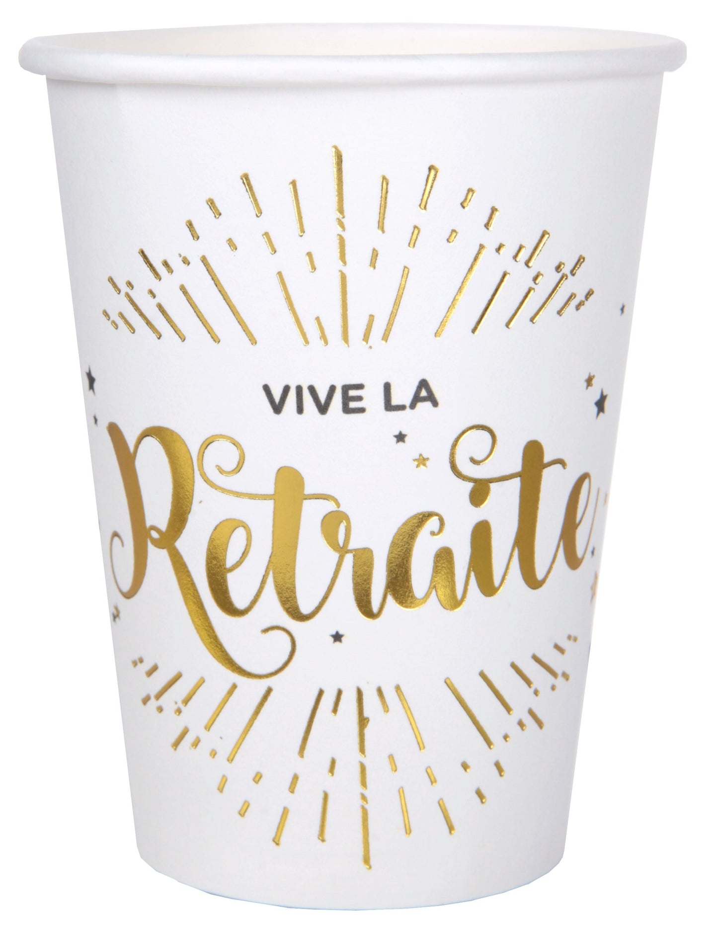 10 bielo-zlatých kartónových pohárov „Vive la retraîte“, 7,8 x 9,7 cm cm na dekoráciu