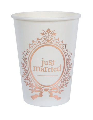 Gobelets en carton Just Married pour mariage blancs et rose gold romantique chic