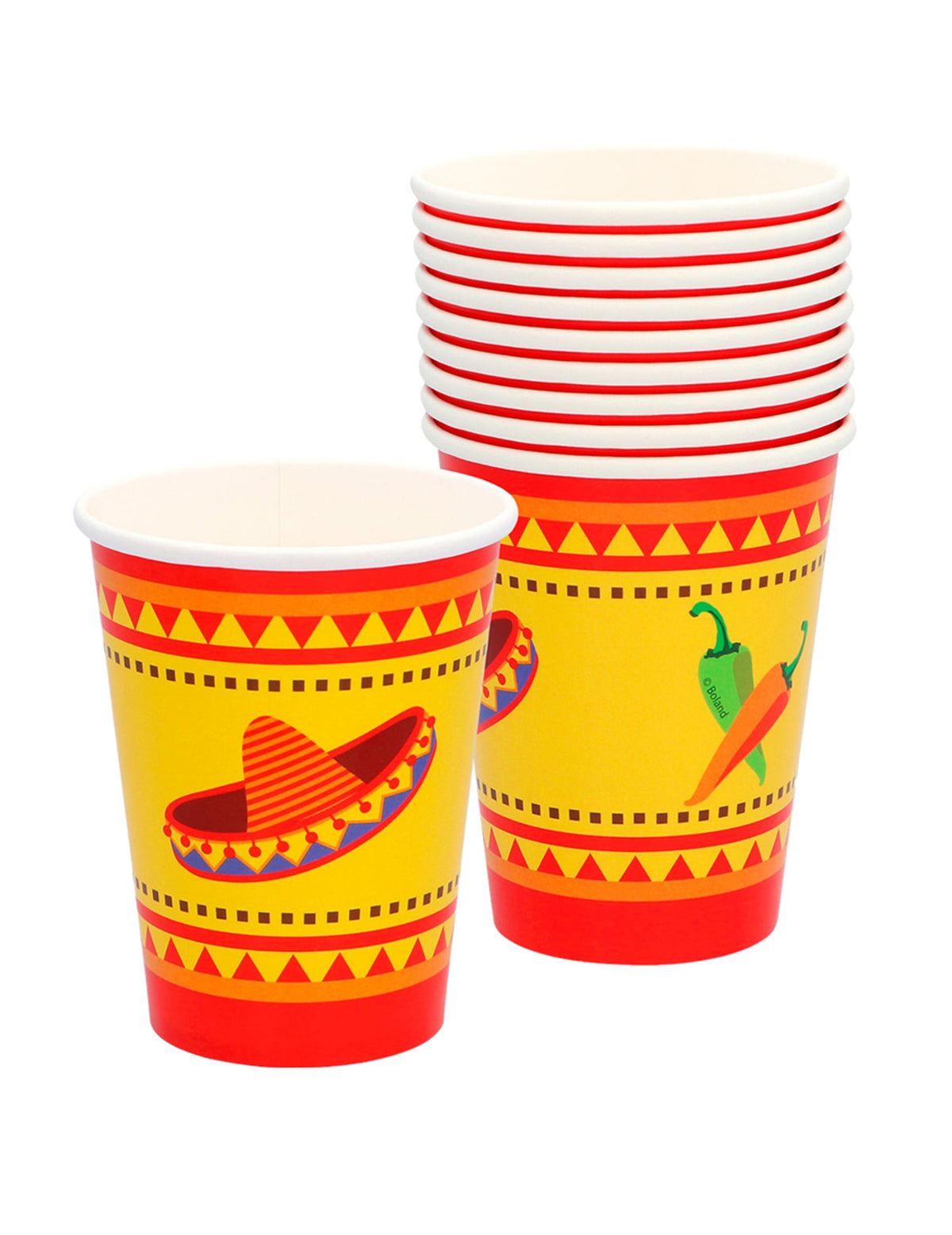 Gobelets mexicains jaunes et rouges avec motifs sombrero et piments