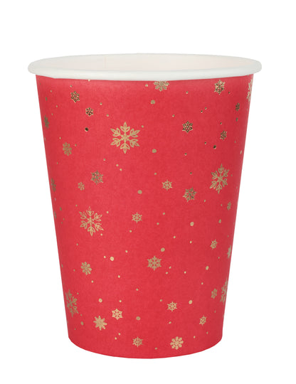 10 červených kartónových pohárov so zlatým dizajnom snehových vločiek, 27 cl, na stôl