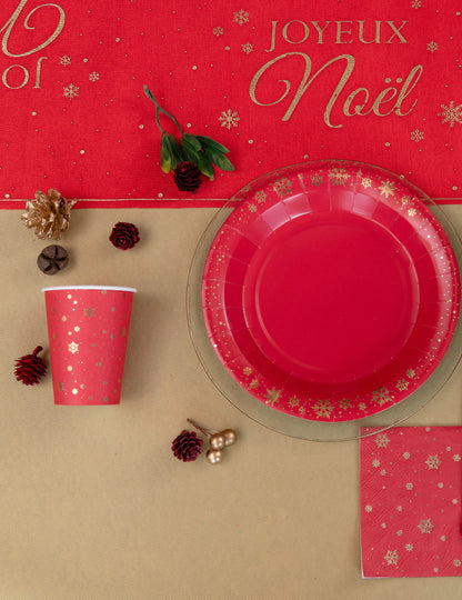 10 červených kartónových pohárov so zlatým dizajnom snehových vločiek, 27 cl, na stôl