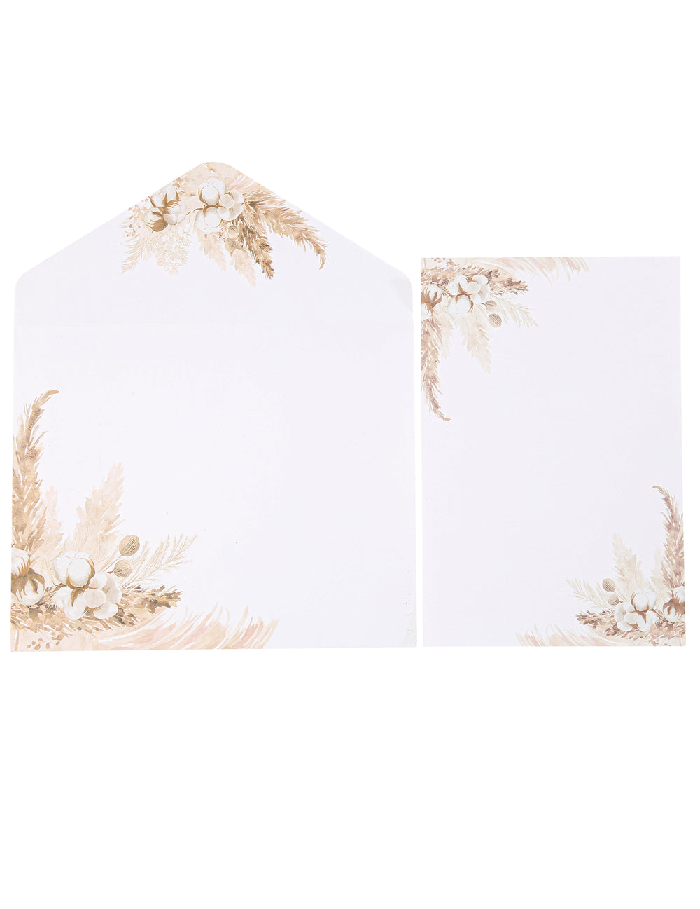 Invitations avec enveloppes pampas et fleurs de coton pour fête beige et blanc