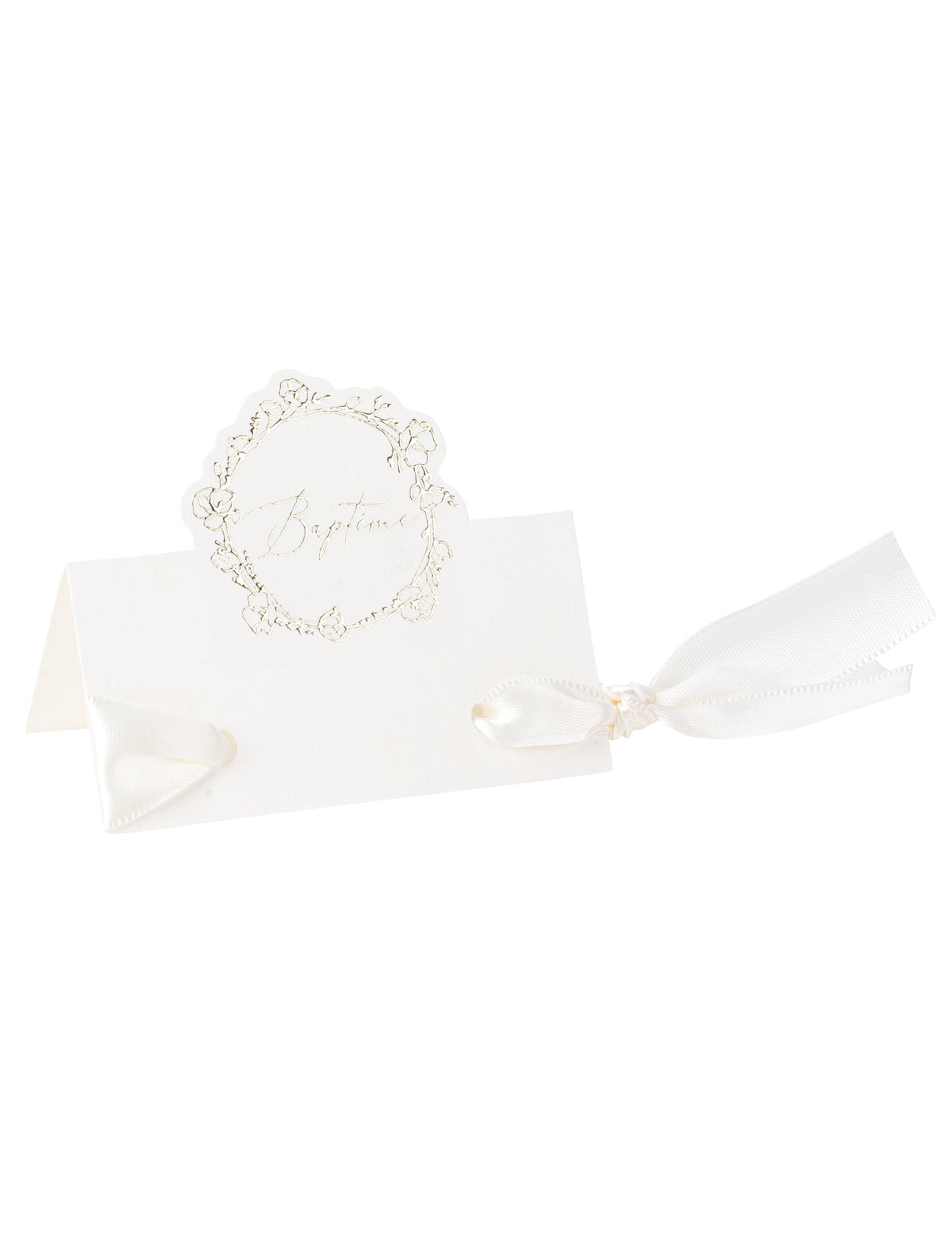 Marque-place baptême blanc avec motif floral doré et ruban satiné