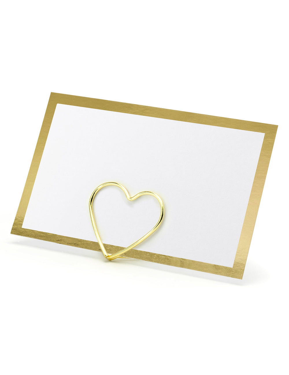 Marque-place à bordure dorée blanc et or avec support en forme de coeur doré