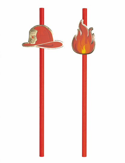 Pailles en carton Pompier rouges avec médaillons casque et flamme