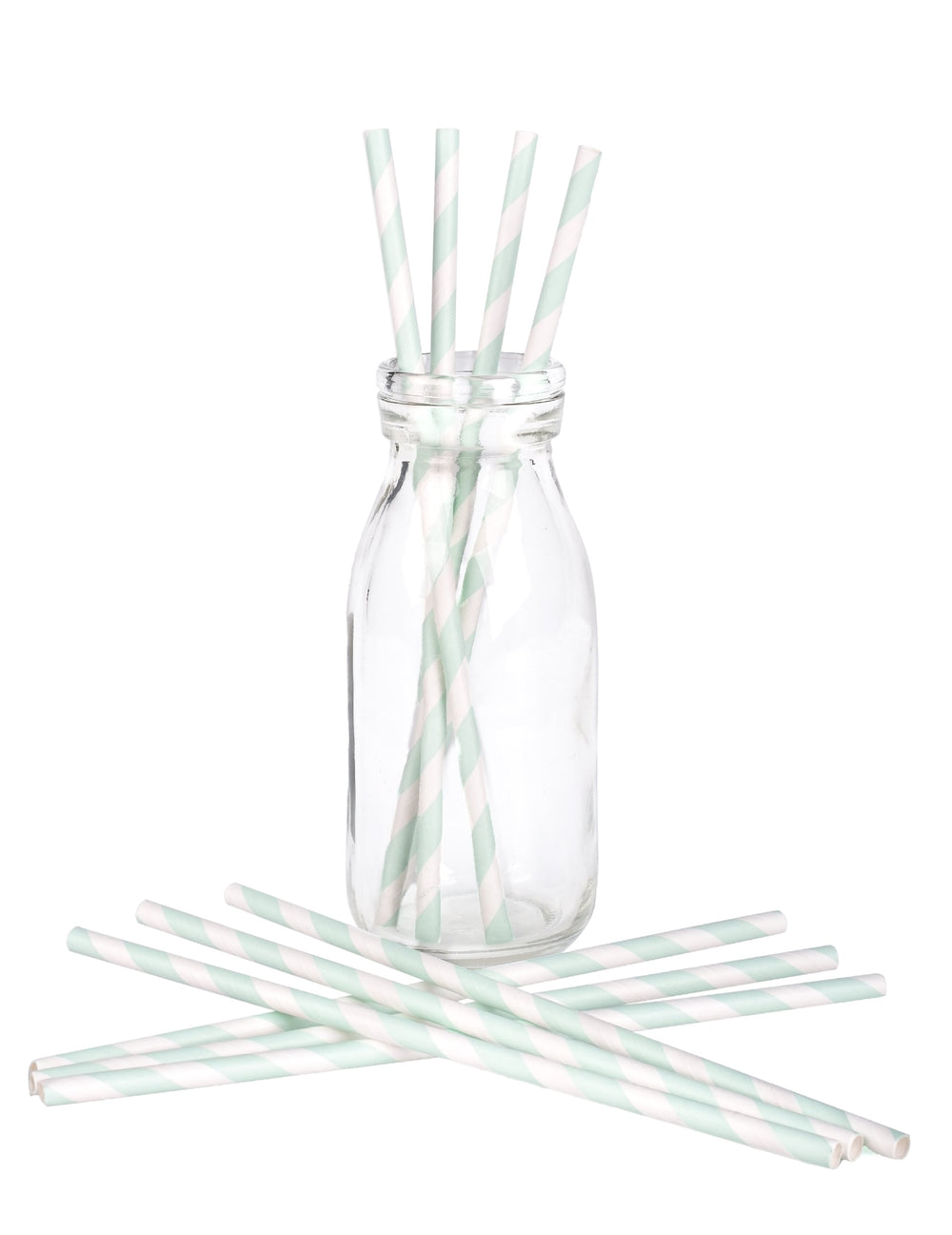 Mise en situation dans une bouteille en verre des pailles en carton rayées pour fête